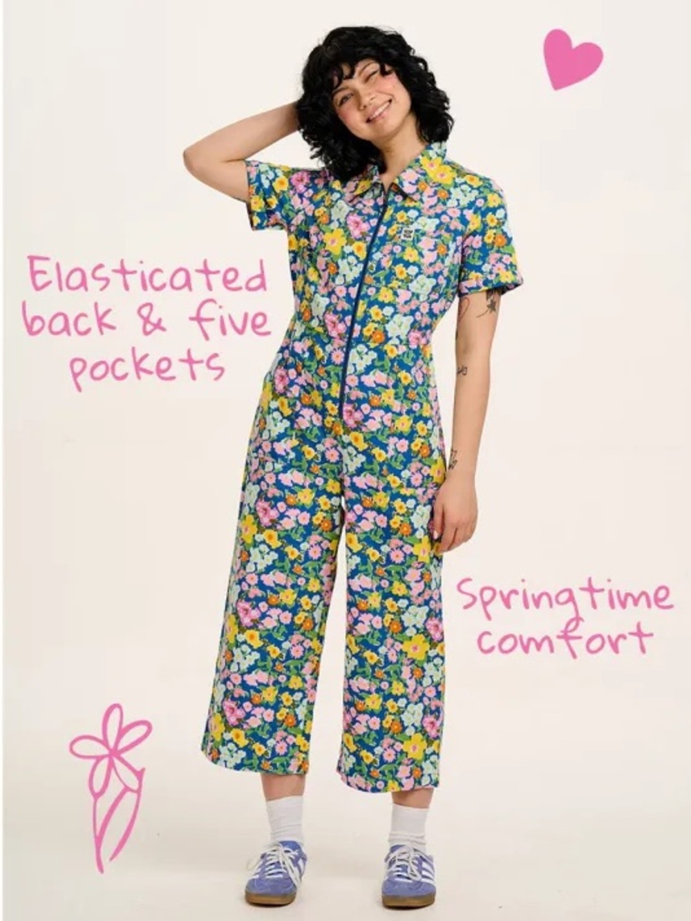 Lucy & Yak Ragan - Cotton Jumpsuit in Island Blooms Scribbled Floral Print NWT